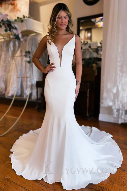 Simple White Mermaid Backless Boho Wedding Dress HS384