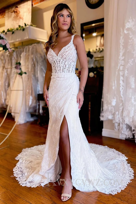 White V-Neck Sheath Long Lace Wedding Dress with Slit HS385