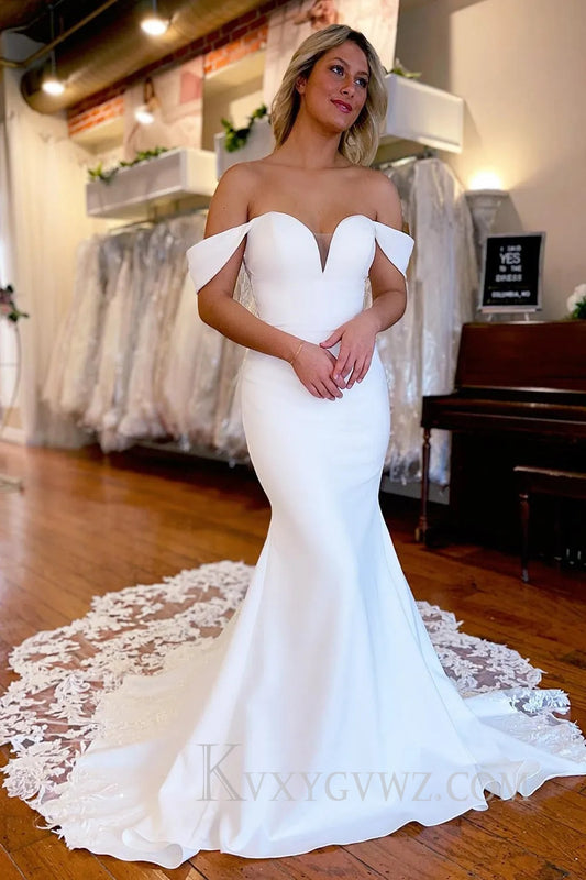 White Boho Mermaid Off the Shoulder Long Wedding Dress with Lace HS387