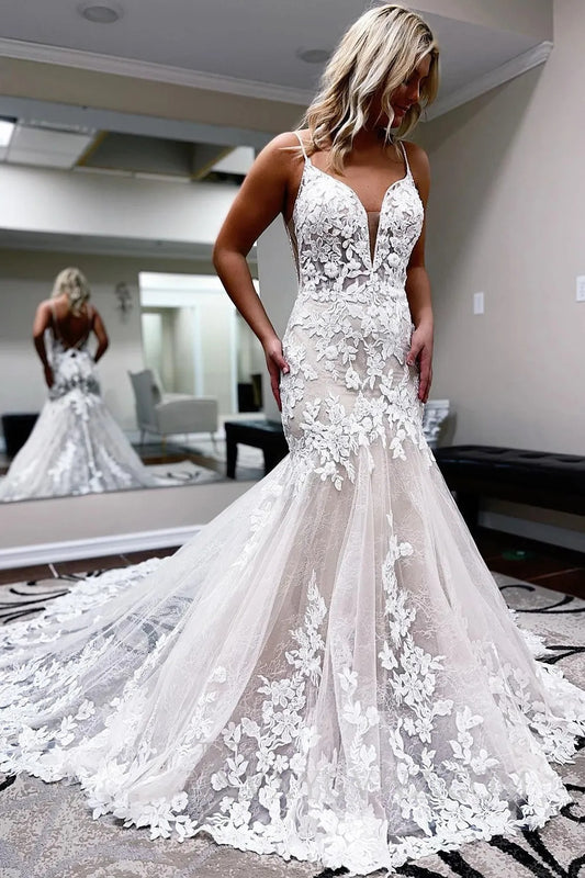 Ivory Lace Mermaid Backless Long Wedding Dress HS388