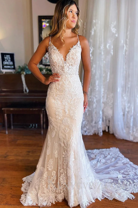 Ivory Mermaid Open Back Long Lace Wedding Dress HS389