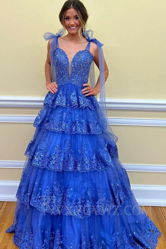 Blue Ruffled Tiered Lace A-Line Long Prom Dress LF039