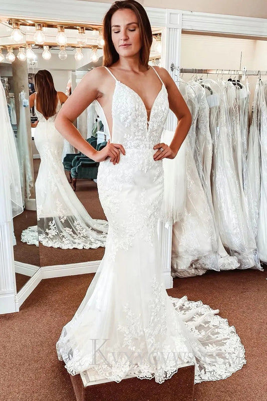 White Lace Mermaid Backless Long Wedding Dress HS390