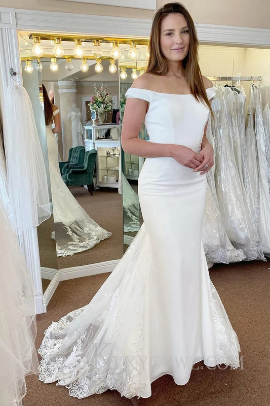 White Off the Shoulder Long Mermaid Wedding Dress with Lace HS391