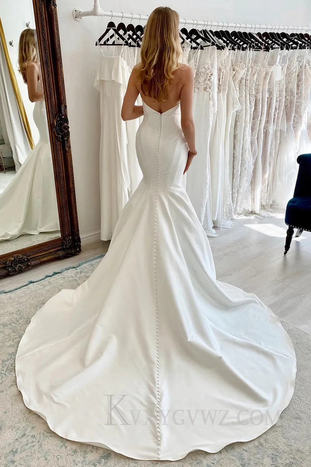 White Strapless Satin Long Mermaid Wedding Dress HS394