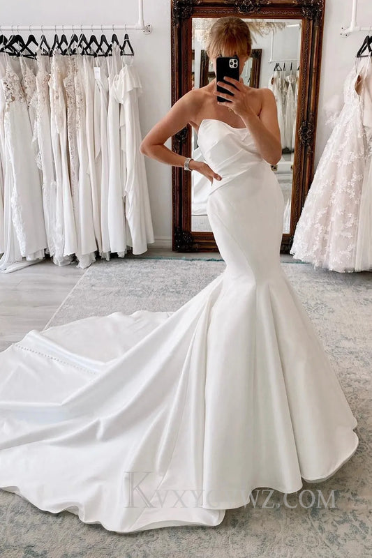 White Strapless Satin Long Mermaid Wedding Dress HS394