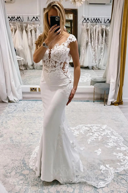 White Mermaid Deep V-Neck Cap Sleeves Long Wedding Dress with Lace HS396