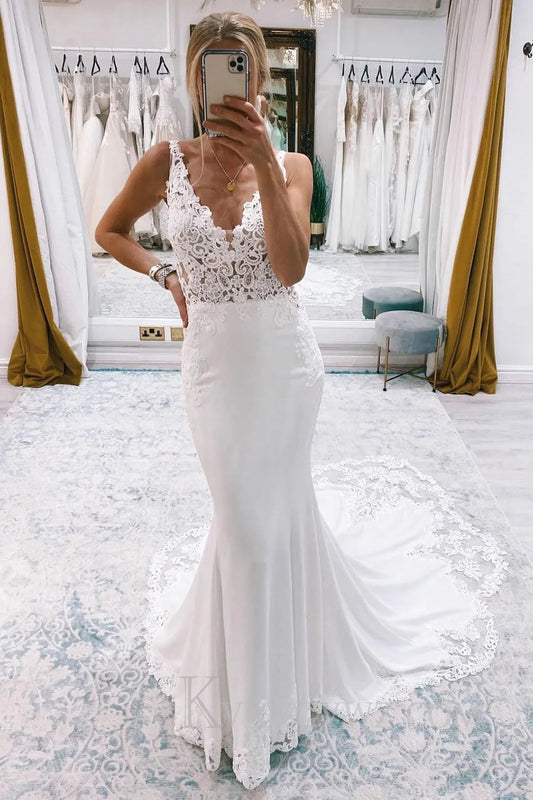Mermaid White Deep V-Neck Long Wedding Dress with Lace HS397
