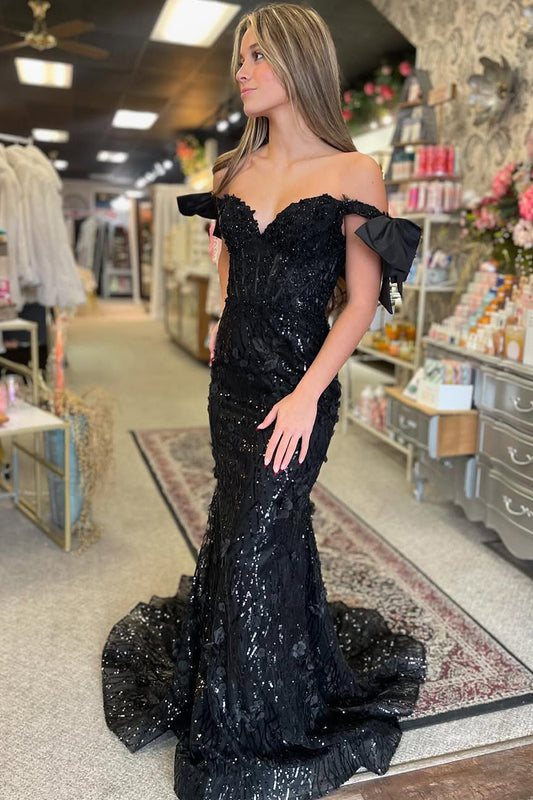 Stunging Mermaid Off the Shoulder Black Sequins Lace Prom Dress Gown LF1208