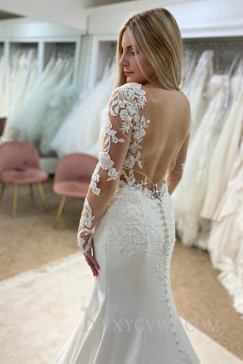 White V-Neck Mermaid Long Wedding Dress with Lace HS398