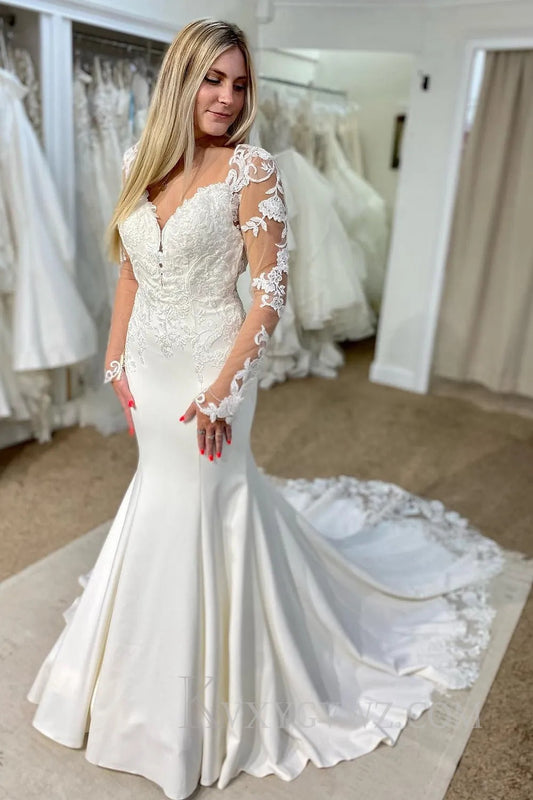 White V-Neck Mermaid Long Wedding Dress with Lace HS398
