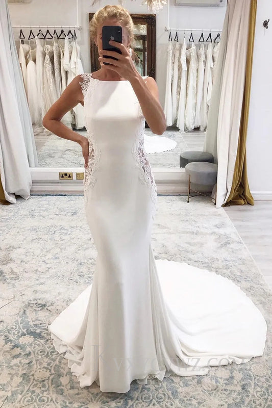 White Long Mermaid Boho Wedding Dress with Lace HS399