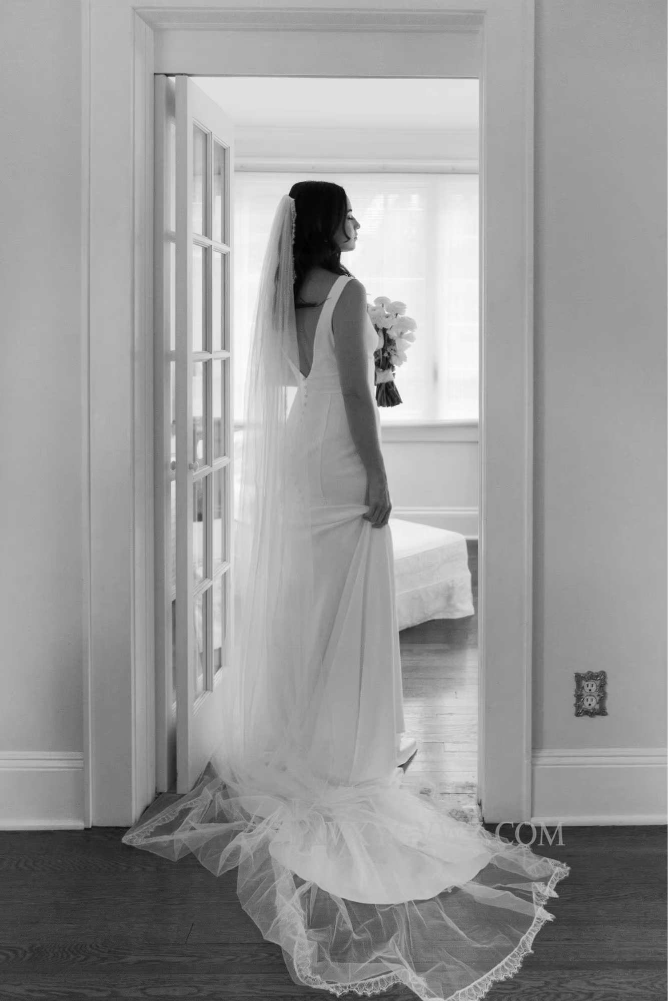 Sexy Deep V Neck Satin Sweep Train Wedding Gown/Dress HS405