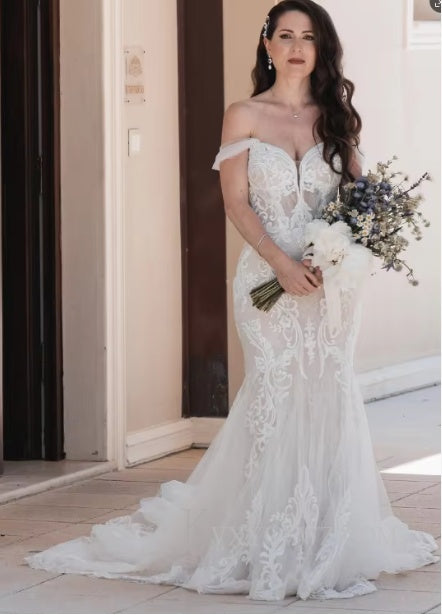Elegant Off The Shoulder Mermaid Ivory Wedding Gown/Dress With Lace HS404