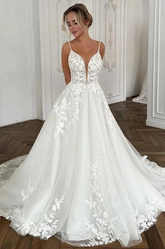 Glamorous A Line V Neck Tulle Long Wedding Dresses Gown with Appliques HS781