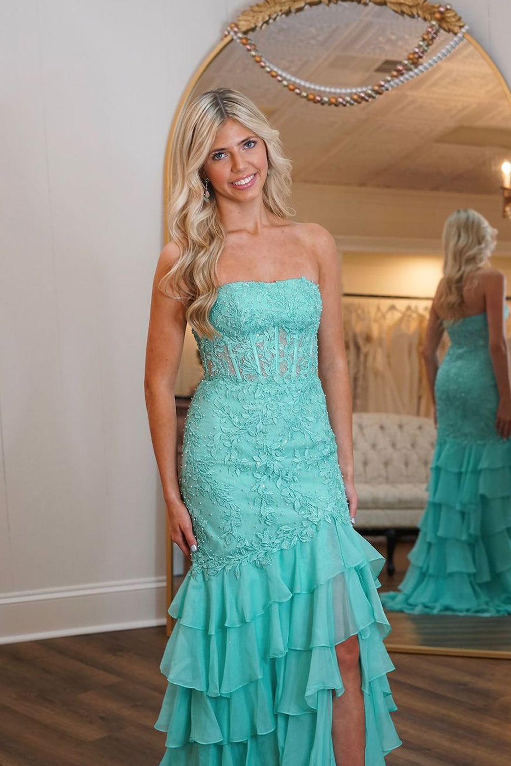 Stunging Mermaid Strapless Mint Chiffon Prom Dress Gown with Appliques LF1301