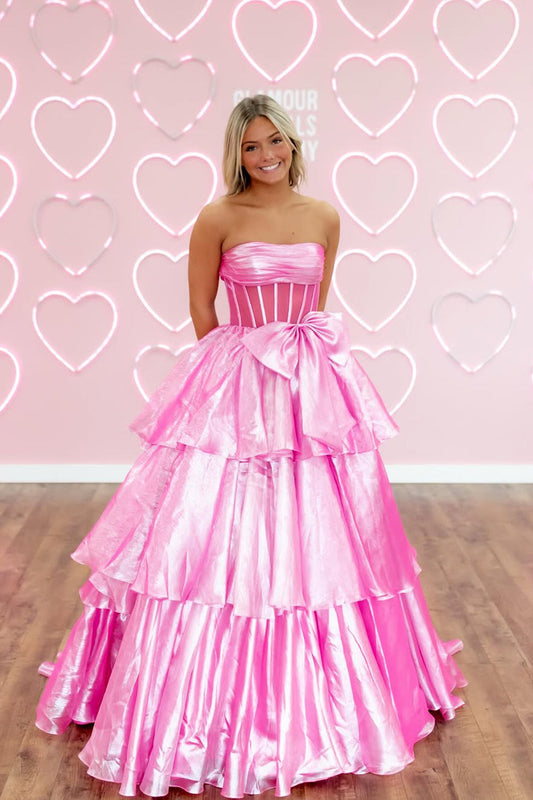 Ball Gown Strapless Pink Organza Ruffle Tiered Long Prom Dress Gown with Bowknot LF1339