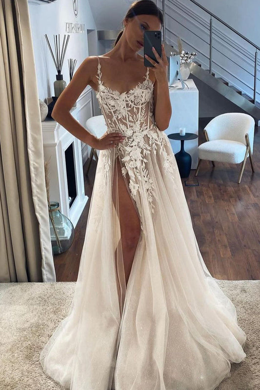 Modern A Line V Neck Tulle Long Wedding Dresses Gown with Appliques HS1000