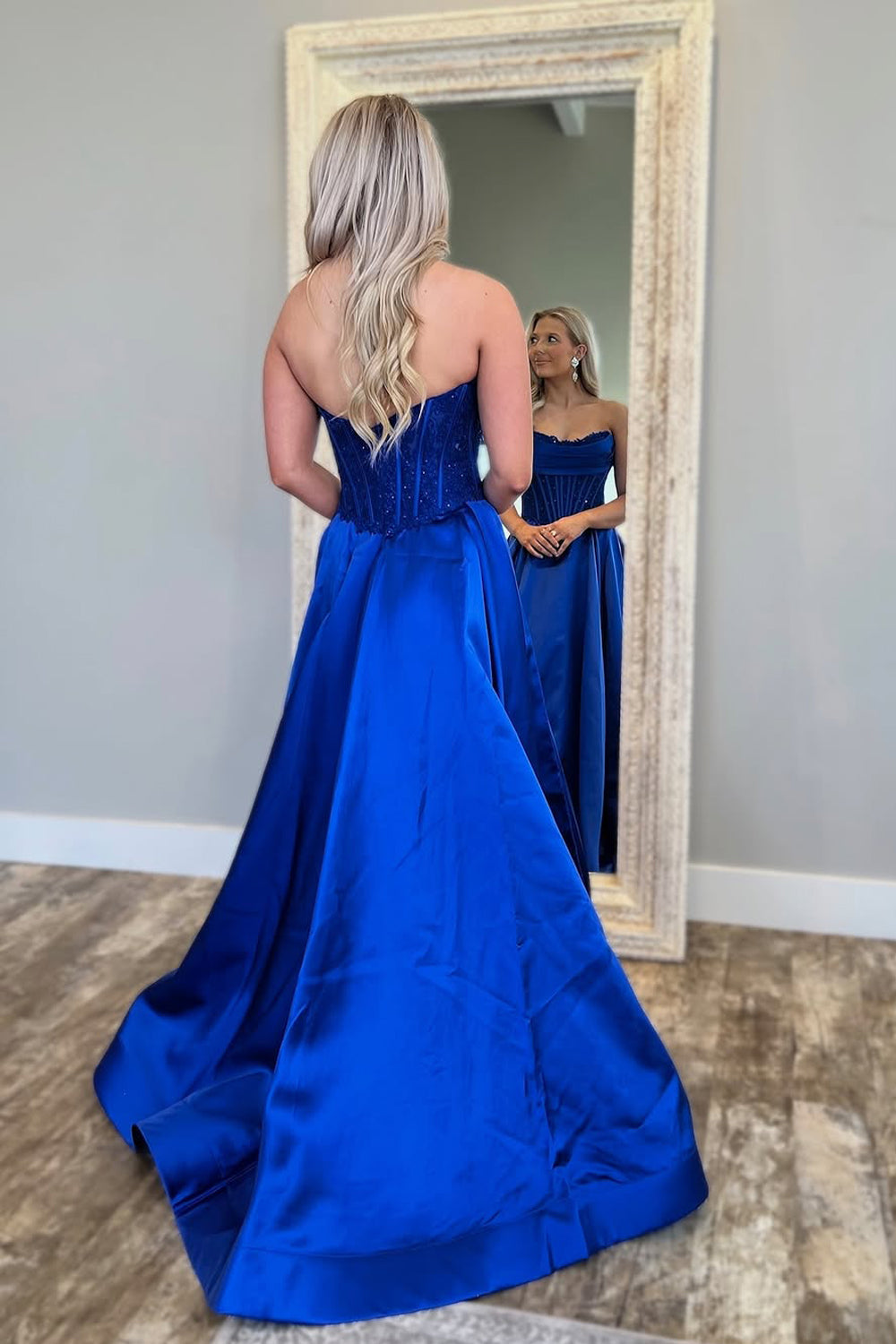 A-Line Strapless Royal Blue Satin Long Prom Dress Gown with Pockets LF1400