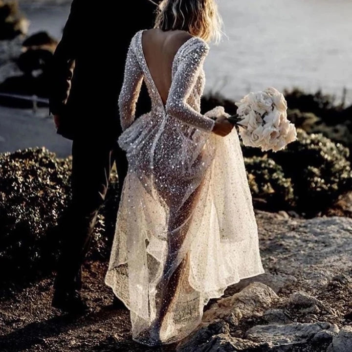 Sparkly A Line V Neck See-Through Sequins Wedding Dresses/Gowns with Long Sleeves HS22051601