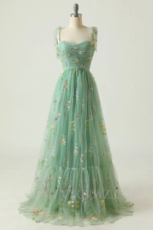 Green Embroidery Floor length A Line Long Prom Dress LF040