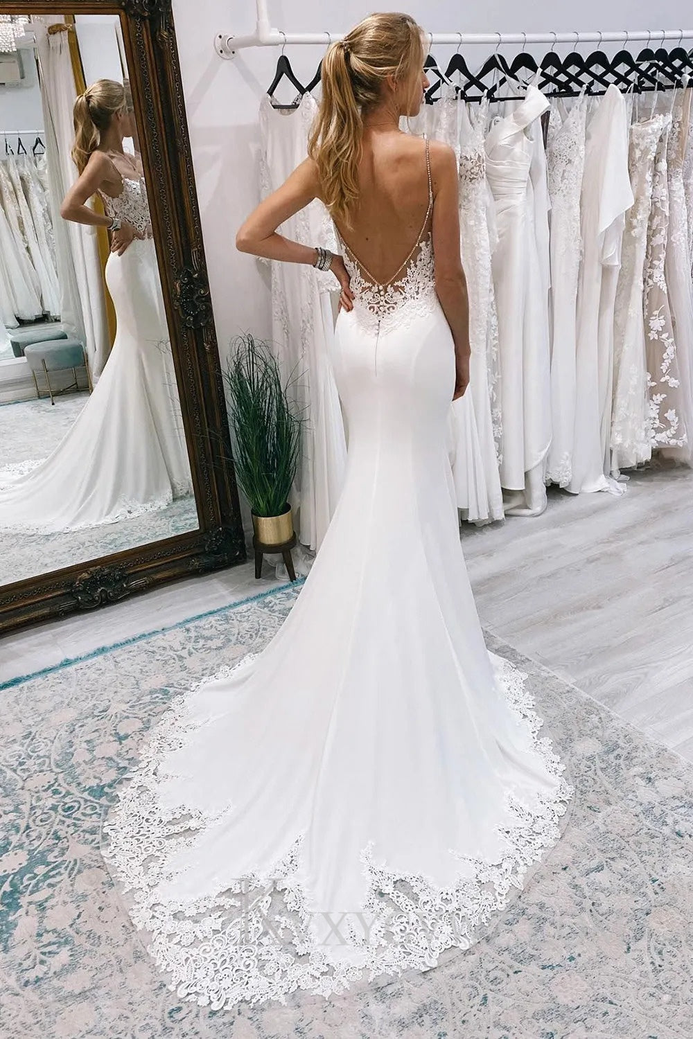 White Mermaid Sweep Train Boho Long Mermaid Wedding Dress with Lace HS400
