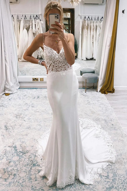 White Mermaid Sweep Train Boho Long Mermaid Wedding Dress with Lace HS400