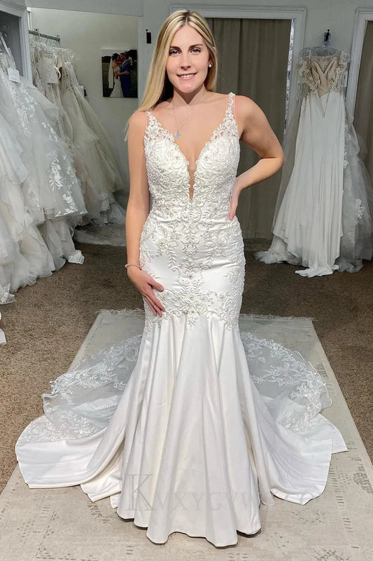 White Deep V-Neck Mermaid Long Wedding Dress with Appliques HS401