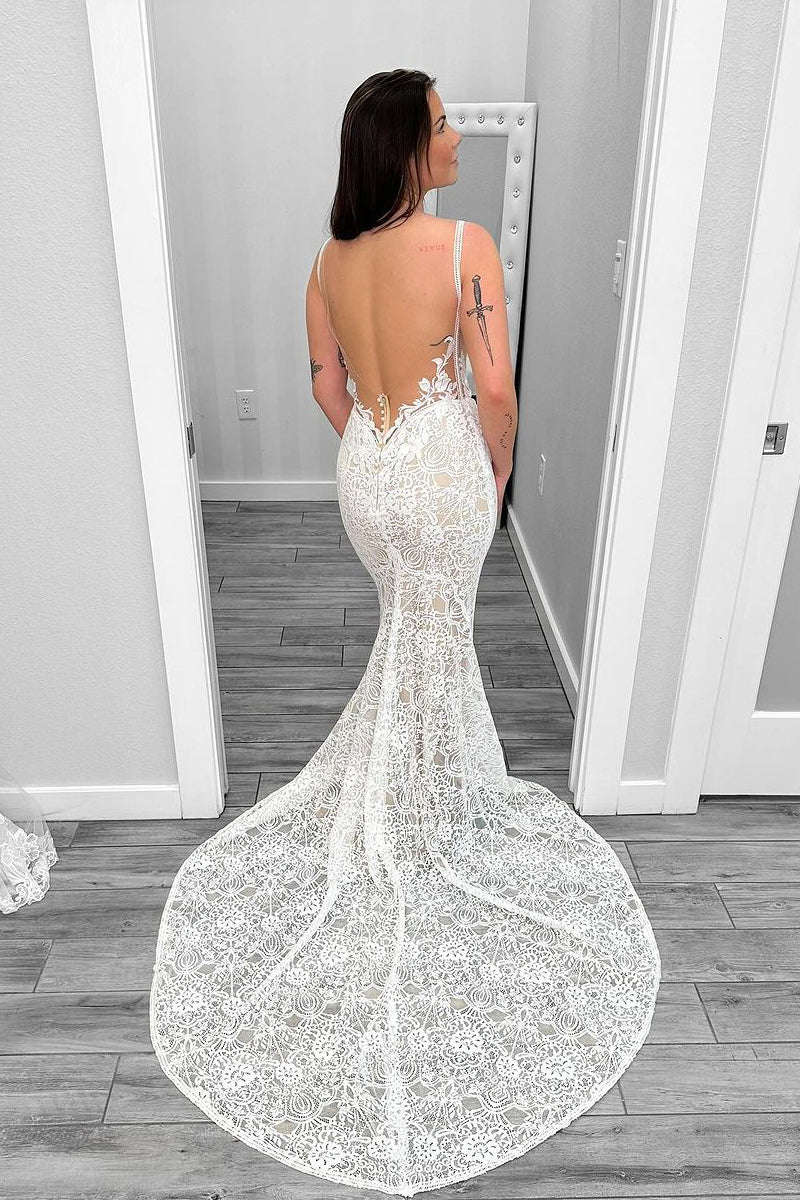 Graceful Mermaid V Neck Lace Wedding Dresses Gown HS954