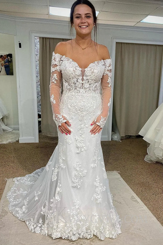 Tulle Mermaid Off The Shoulder White Long Wedding Dress with Appliques HS402