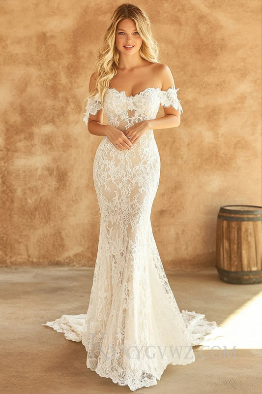 White Lace Mermaid Off the Shoulder Sweep Train Wedding Dress HS403