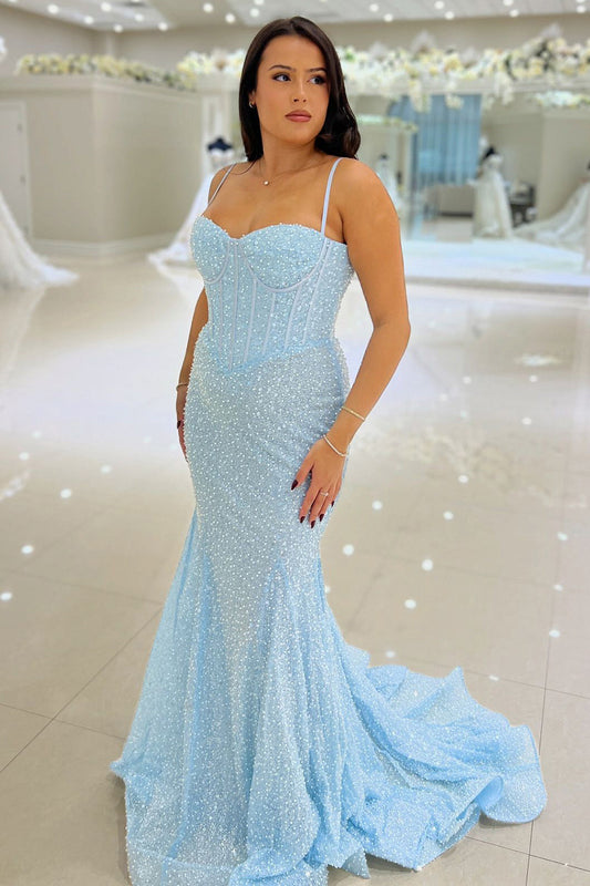 Conspicuous Mermaid Sweetheart Sky Blue Sequins Long Prom Dress Gown