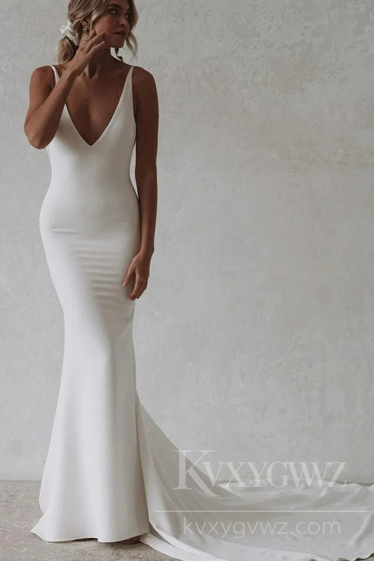Elegant Mermaid V Neck Soft Satin Long Wedding Dresses/Gowns HS414