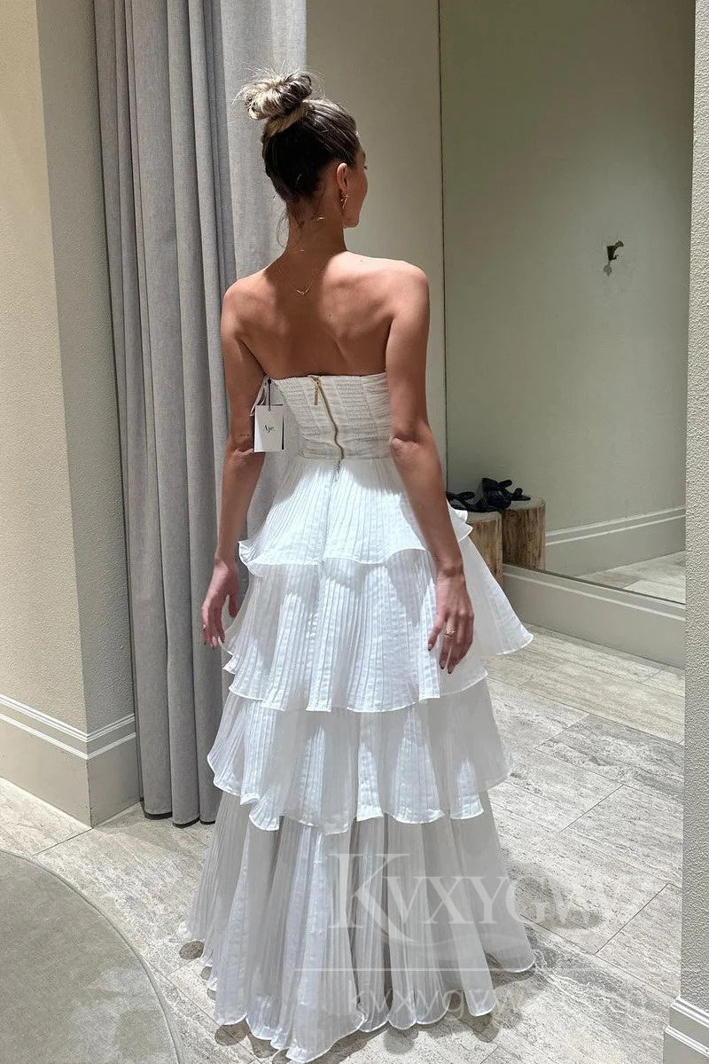 Cute A-Line Strapless Tiered Organza Satin Wedding Dresses/Gowns HS415