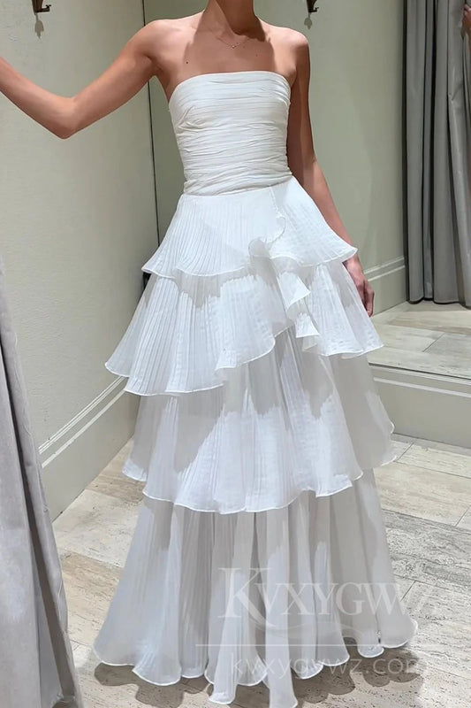 Cute A-Line Strapless Tiered Organza Satin Wedding Dresses/Gowns HS415