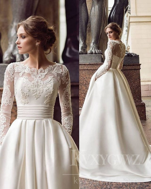 Elegant Satin Lace Wedding Dress with Long Sleeves for a Classic Bridal Look HS418