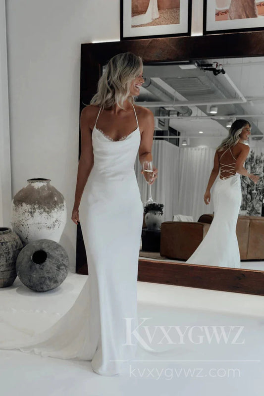 Sleek Satin Spaghetti Strap Mermaid Wedding Dress for a Modern Bridal Gown HS419