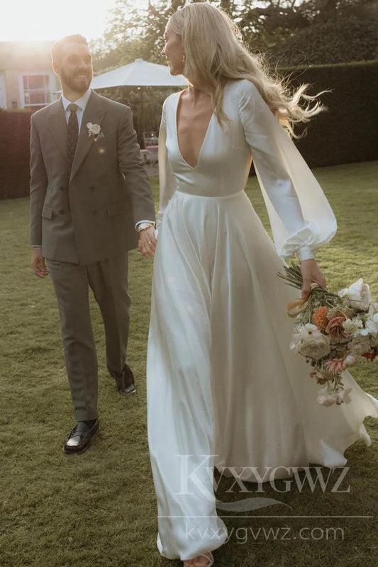 Elegant Satin Silk A-Line Wedding Dress with Long Sleeves V-neck Bridal Gown HS420