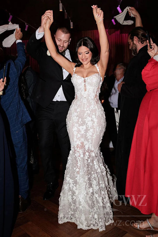 Romantic Lace Mermaid Wedding Dress with Stunning Floral Detailing HS421