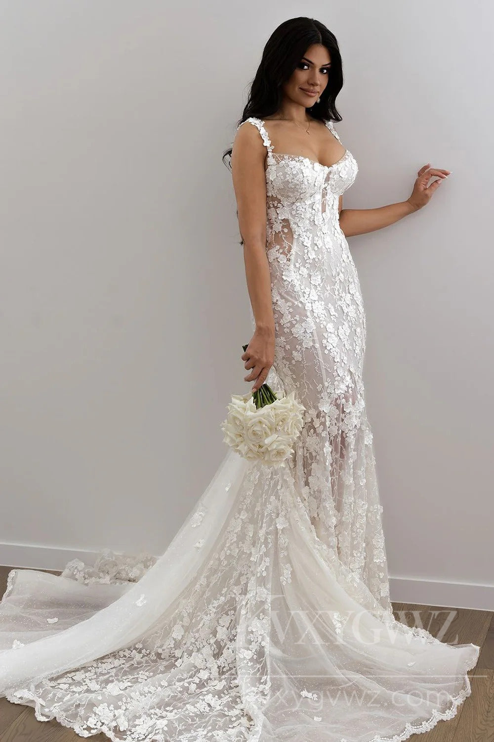 Romantic Lace Mermaid Wedding Dress with Stunning Floral Detailing HS421