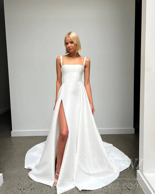 Modern Satin A-Line Wedding Dress with Sexy Slit and Spaghetti Straps HS422