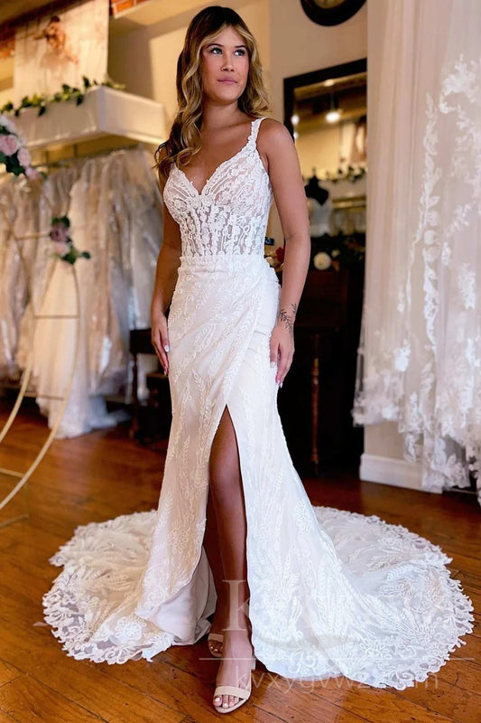 Elegant Lace V-Neck Mermaid Wedding Dress with Slit Sweep Train Bridal Gown HS423