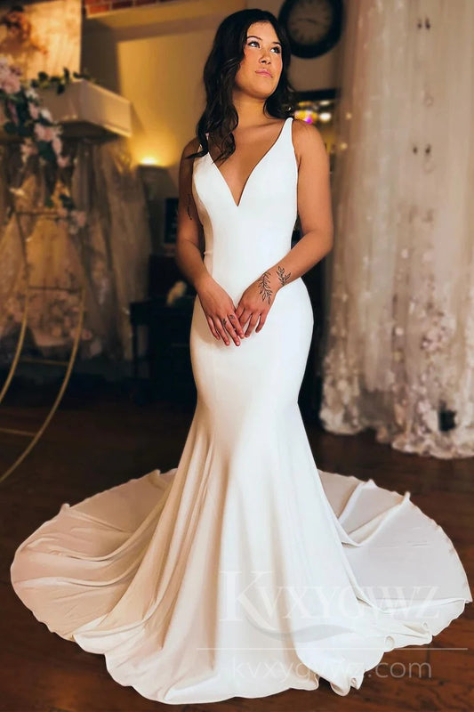Modern Satin V-Neck Mermaid Wedding Dress with Elegant Train Bridal Gown HS425