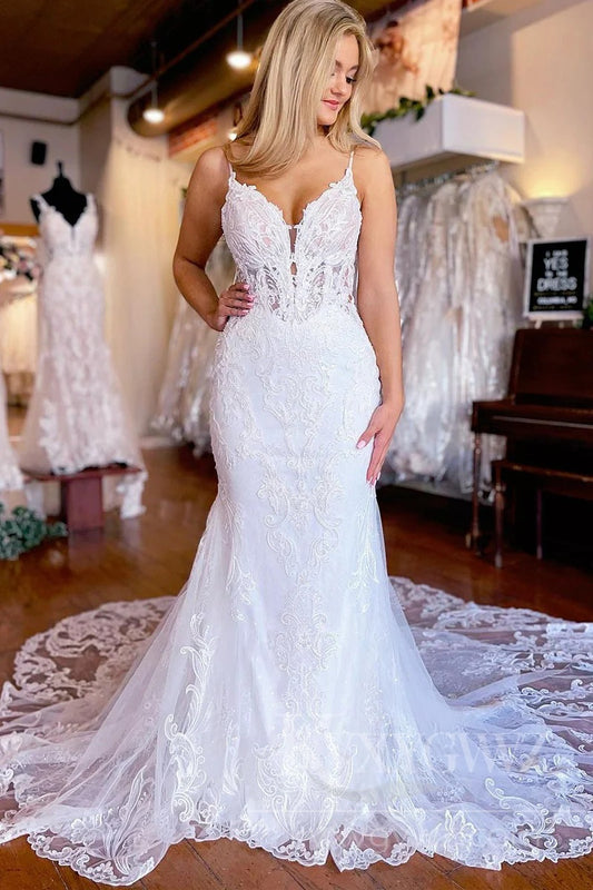 Romantic Lace V-Neck Wedding Dress with Spaghetti Straps and Dramatic Train HS428