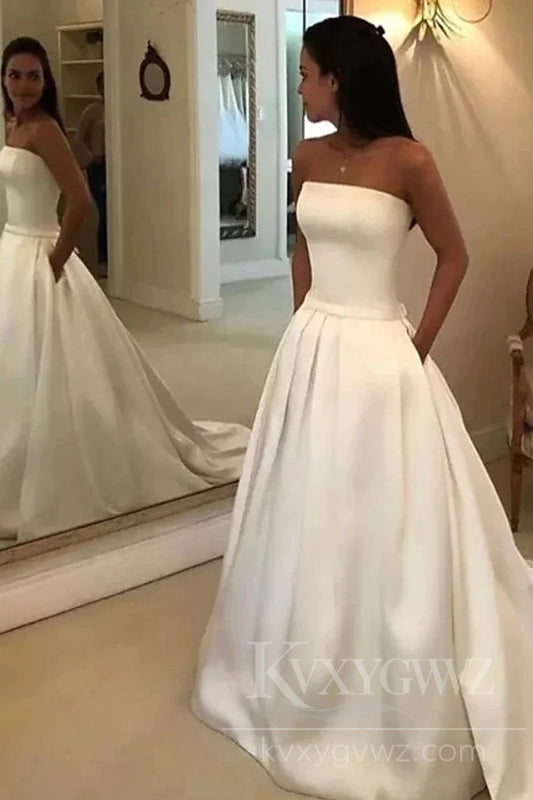 Elegant Strapless Satin Wedding Dress with Pockets Sweep Train Bridal Gown HS430