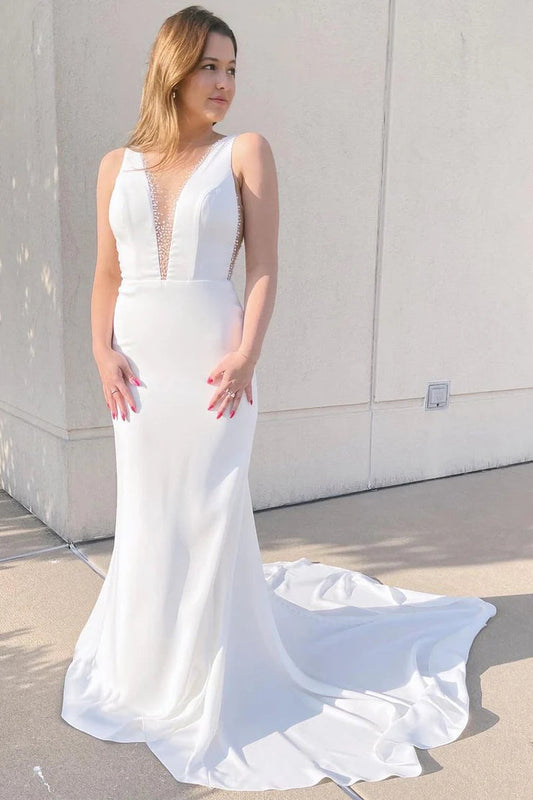 Chic Mermaid V Neck Satin Wedding Dresses Gown with Beading HS845