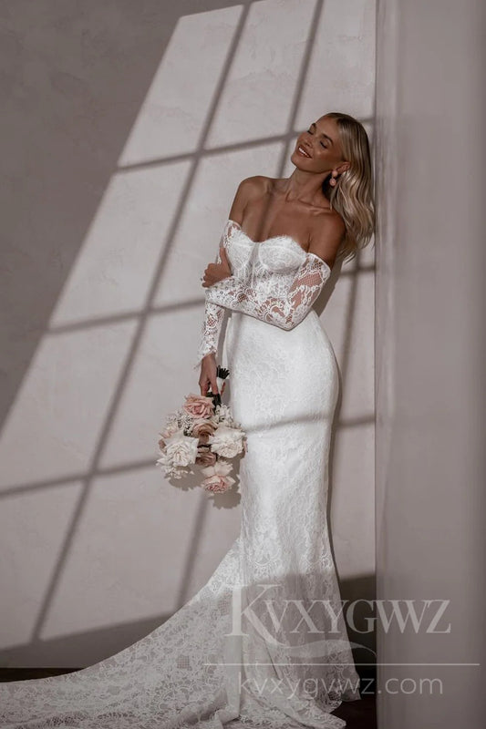 Elegant Off-Shoulder Lace Mermaid Wedding Dress with Long Sleeves Bridal Gown HS432