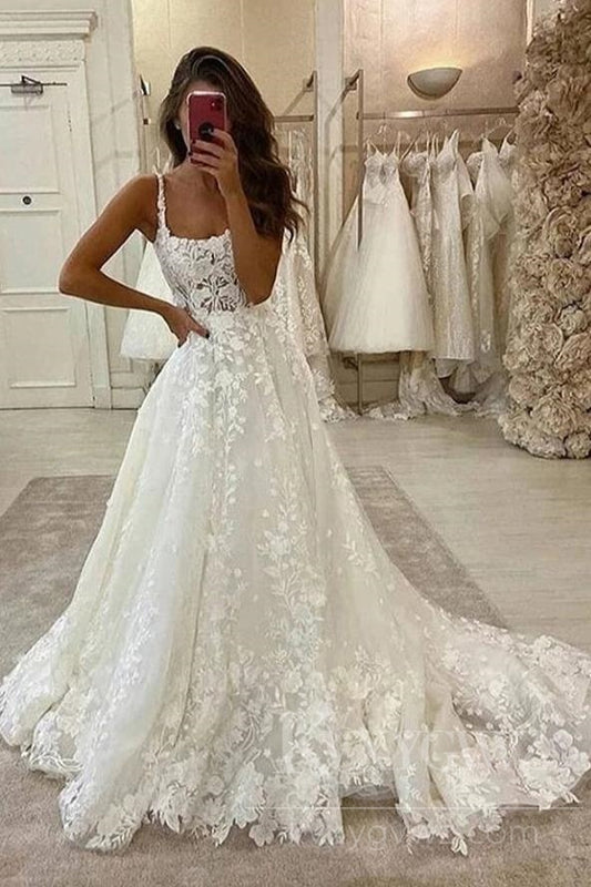 Romantic Lace A-Line Wedding Dress with Spaghetti Straps and Train HS433