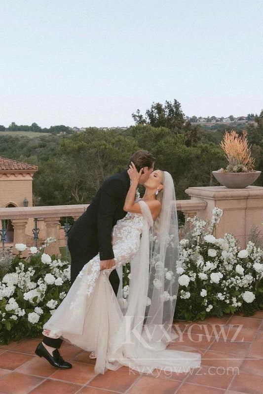 Romantic Off-Shoulder Lace Wedding Dress with Floral Applique and Train HS434