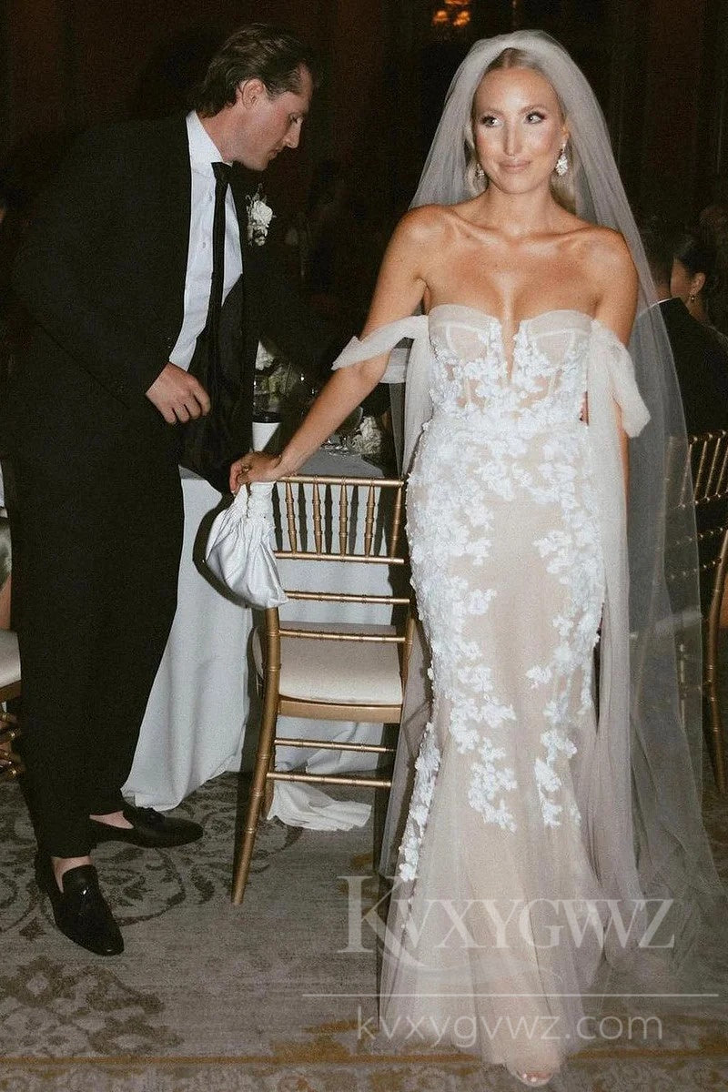 Romantic Off-Shoulder Lace Wedding Dress with Floral Applique and Train HS434